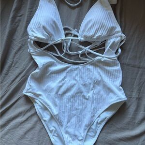 White Strappy Ribbed Cutout One-Piece Swimsuit